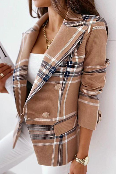 Elegant Plaid Striped Patchwork Buttons Turn-back Collar Outerwear