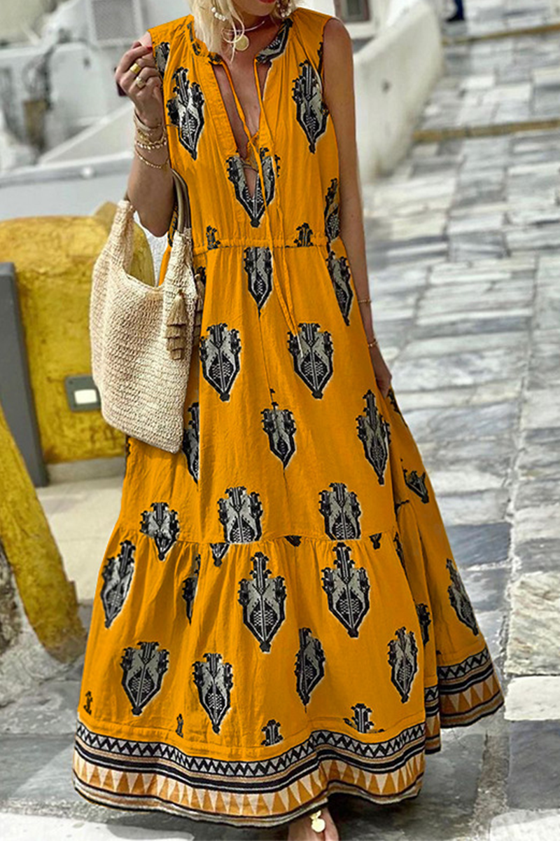 Fashion Print Patchwork V Neck Cake Skirt Dresses