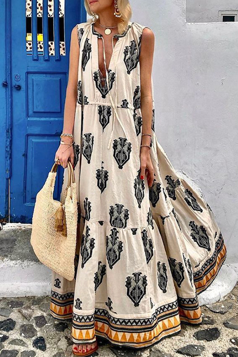 Fashion Print Patchwork V Neck Cake Skirt Dresses