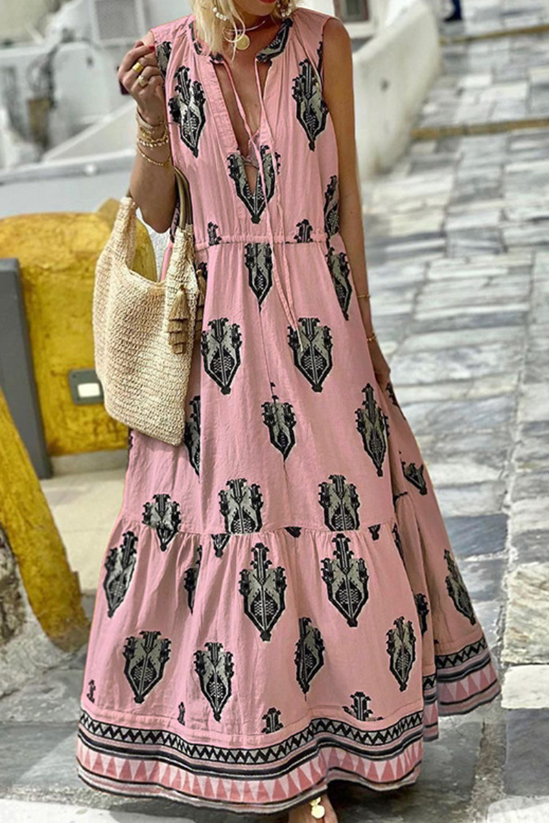 Fashion Print Patchwork V Neck Cake Skirt Dresses