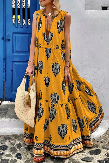 Fashion Print Patchwork V Neck Cake Skirt Dresses