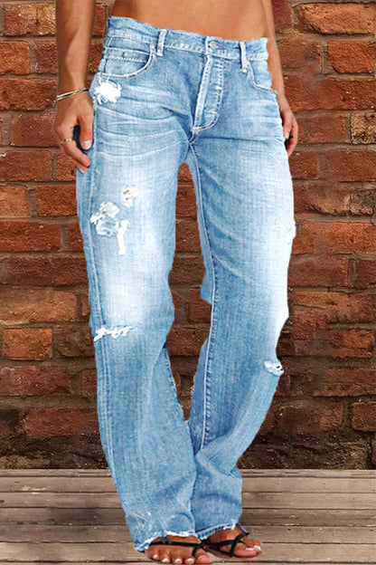 Casual Street Patchwork Ripped Straight Denim Jeans(3 Colors)