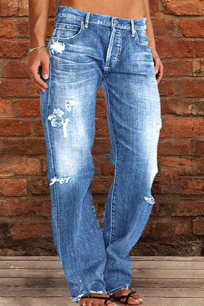 Casual Street Patchwork Ripped Straight Denim Jeans(3 Colors)