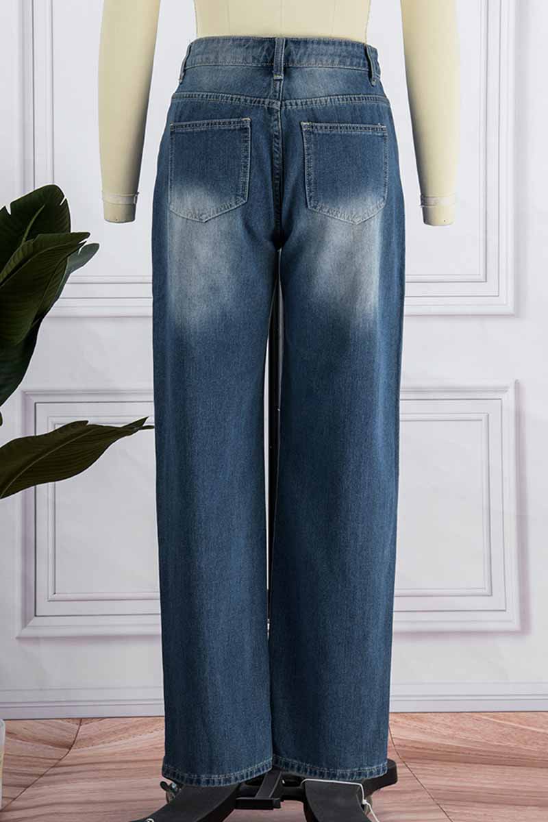 Fashion Street Solid Mid Waist Straight Denim