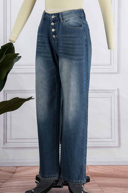 Fashion Street Solid Mid Waist Straight Denim