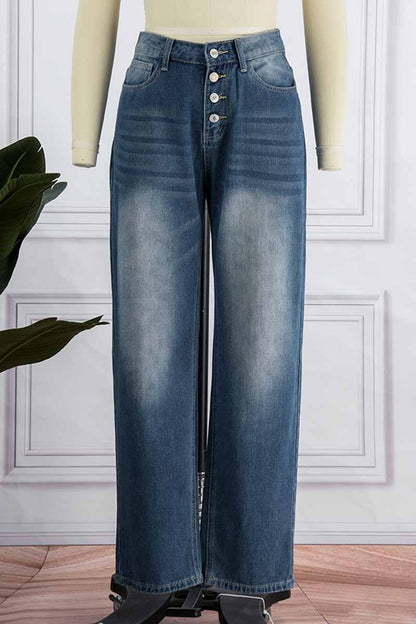 Fashion Street Solid Mid Waist Straight Denim