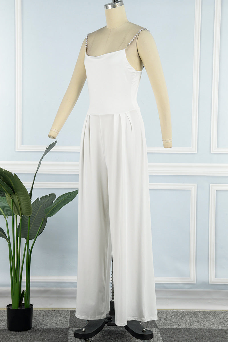 Celebrities Elegant Solid Backless Pearl V Neck Loose Jumpsuits