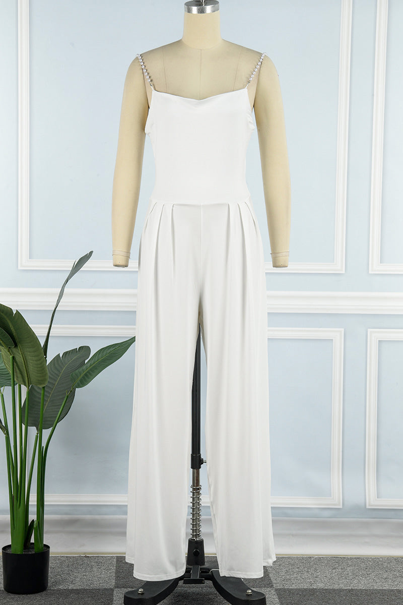 Celebrities Elegant Solid Backless Pearl V Neck Loose Jumpsuits