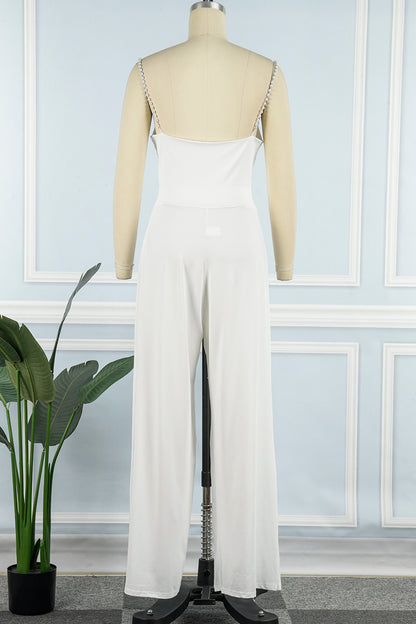 Celebrities Elegant Solid Backless Pearl V Neck Loose Jumpsuits