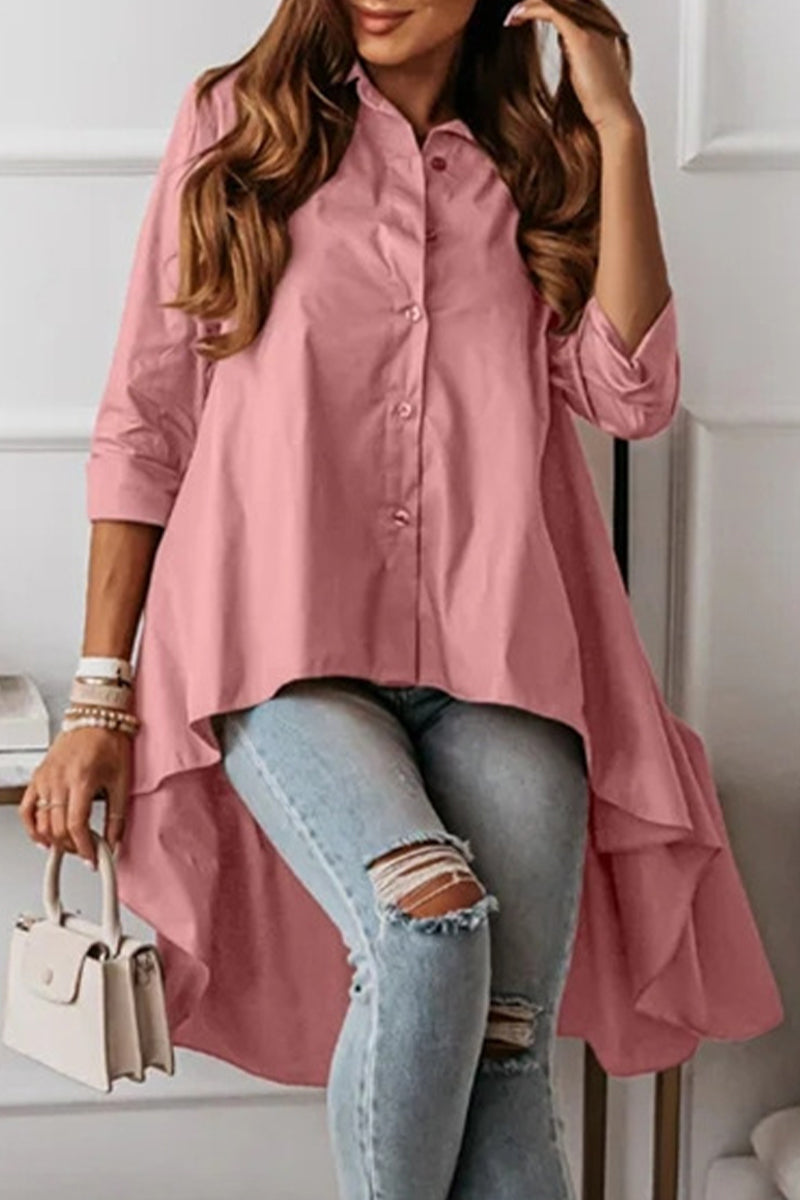 Casual Solid Buttons Asymmetrical Turndown Collar Tops