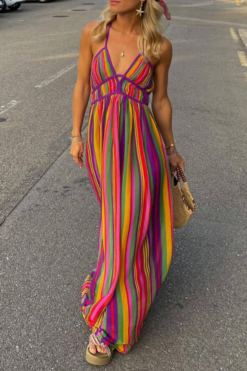 Sexy Vacation Striped Contrast V Neck Dresses