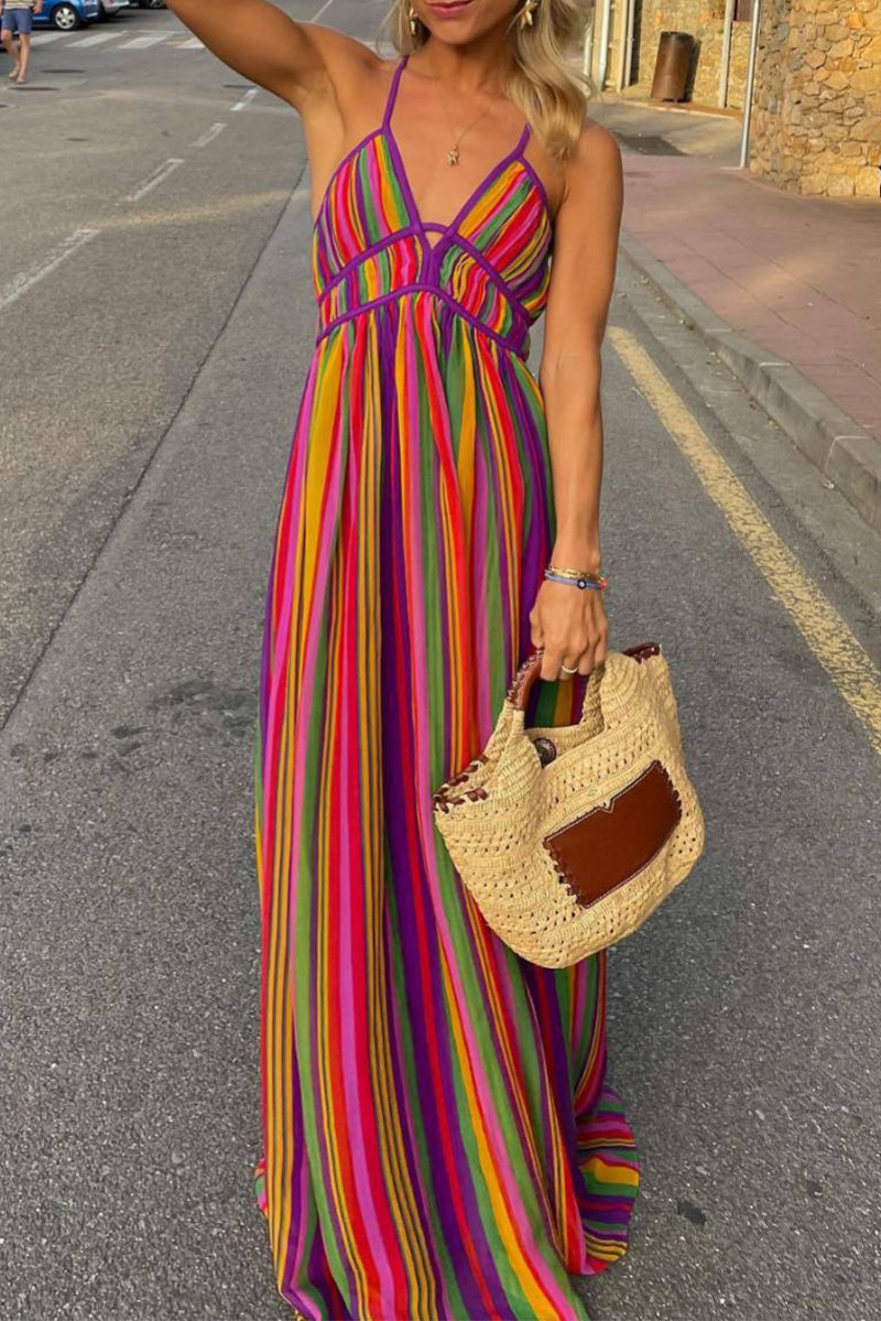 Sexy Vacation Striped Contrast V Neck Dresses – cotoly.com