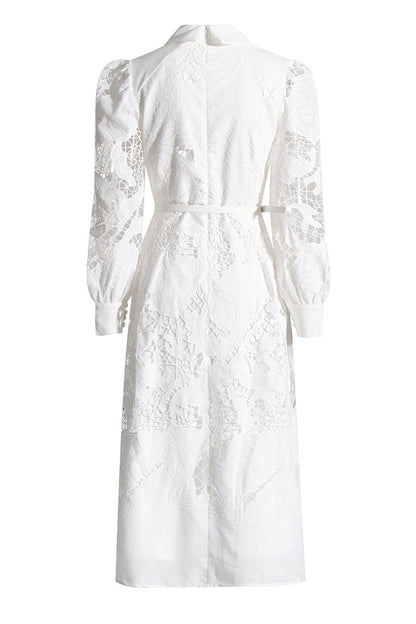 Elegant Solid Embroidered Hollowed Out Turndown Collar A Line Dresses