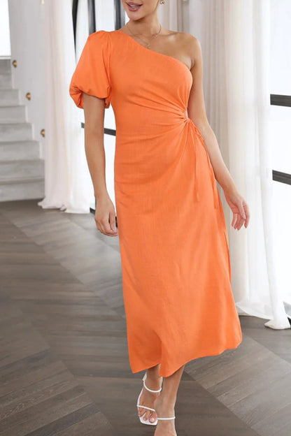 Celebrities Elegant Solid Fold Asymmetrical Oblique Collar A Line Dresses