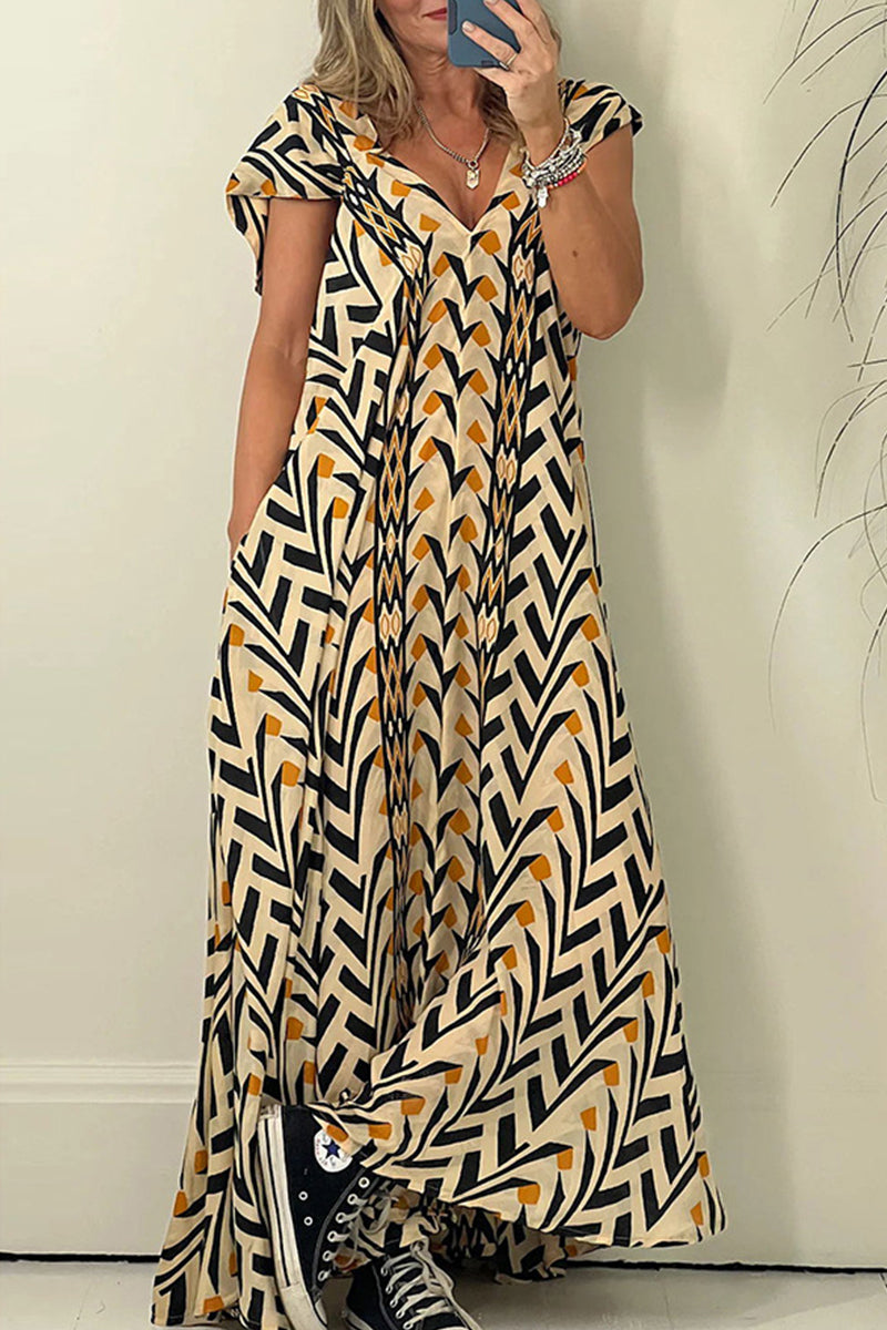 Bohemian Vintage Geometric Pocket Printing V Neck Printed Dress Dresses