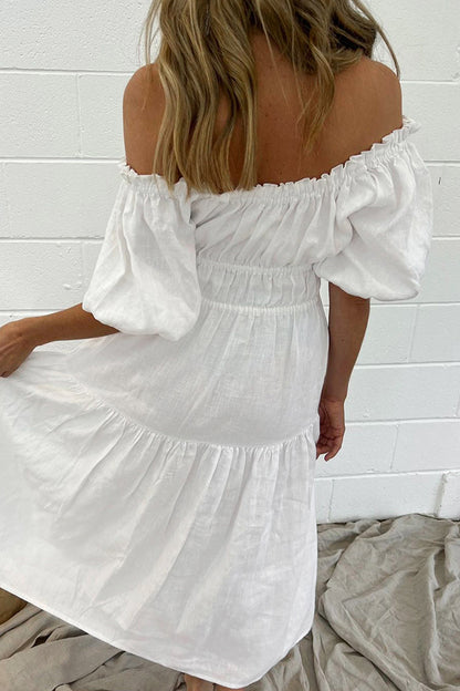 Casual Simplicity Solid Fold Off the Shoulder A Line Short Sleeve Dress