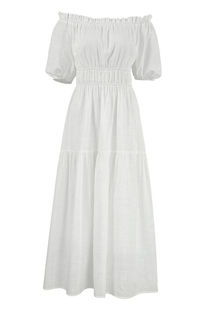 Casual Simplicity Solid Fold Off the Shoulder A Line Short Sleeve Dress