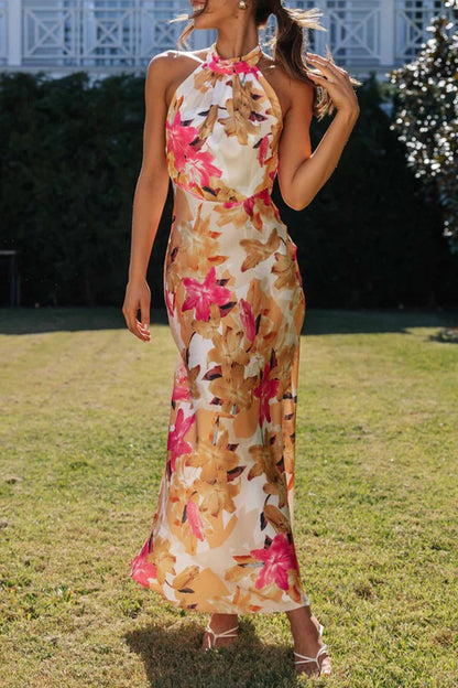 Cute Elegant Floral Backless Halter Printed Dress Dresses(3 Colors)