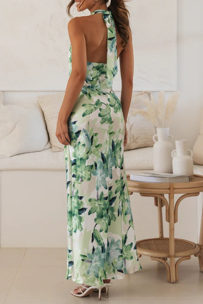 Cute Elegant Floral Backless Halter Printed Dress Dresses(3 Colors)