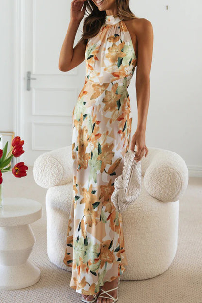 Cute Elegant Floral Backless Halter Printed Dress Dresses(3 Colors)