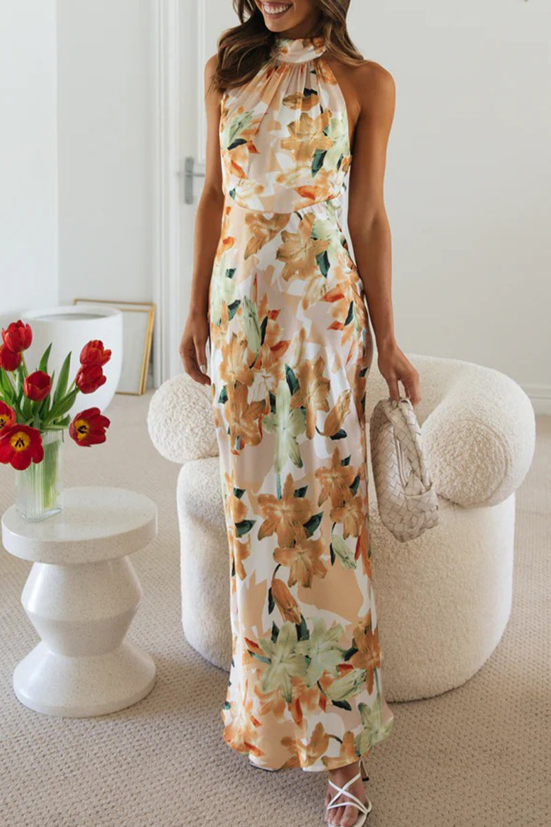 Cute Elegant Floral Backless Halter Printed Dress Dresses(3 Colors)