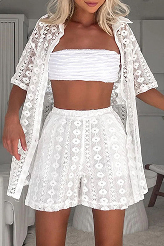 Casual Solid Lace Hollowed Out Turndown Collar Short Sleeve Two Pieces