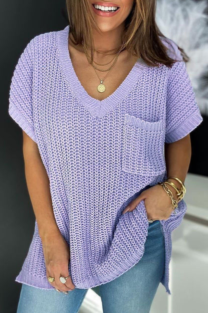 Casual Solid Hollowed Out Pocket V Neck Tops