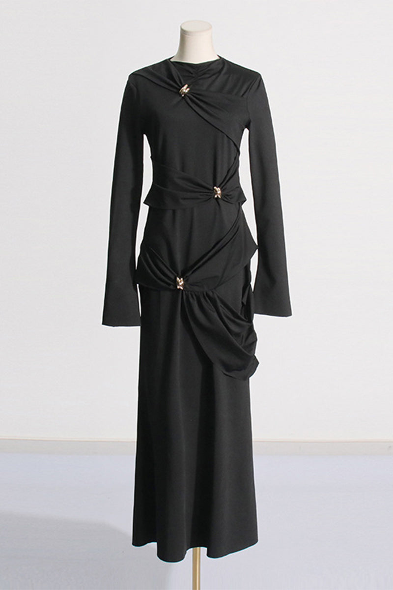 Elegant Solid Metal Accessories Decoration Fold O Neck Evening Dress Dresses