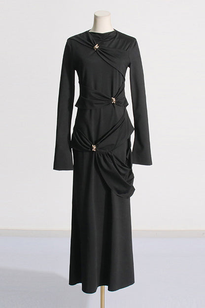 Elegant Solid Metal Accessories Decoration Fold O Neck Evening Dress Dresses