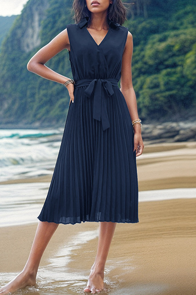 Elegant Solid Frenulum Pleated V Neck Sleeveless Dress Dresses