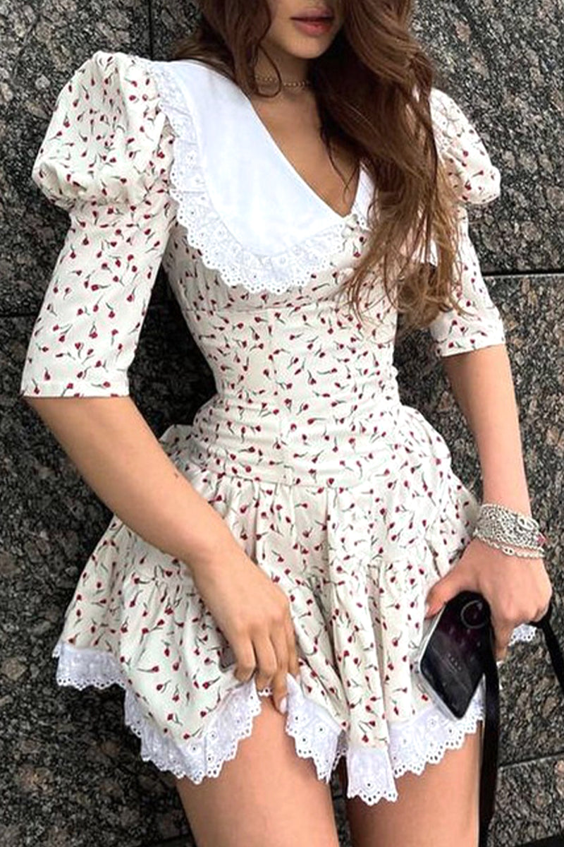 Elegant Print Flowers Frenulum Peter Pan Collar Princess Dresses