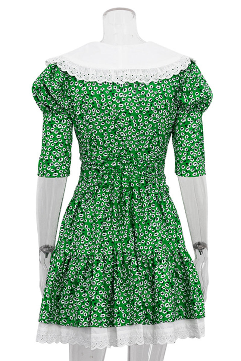 Elegant Print Flowers Frenulum Peter Pan Collar Princess Dresses