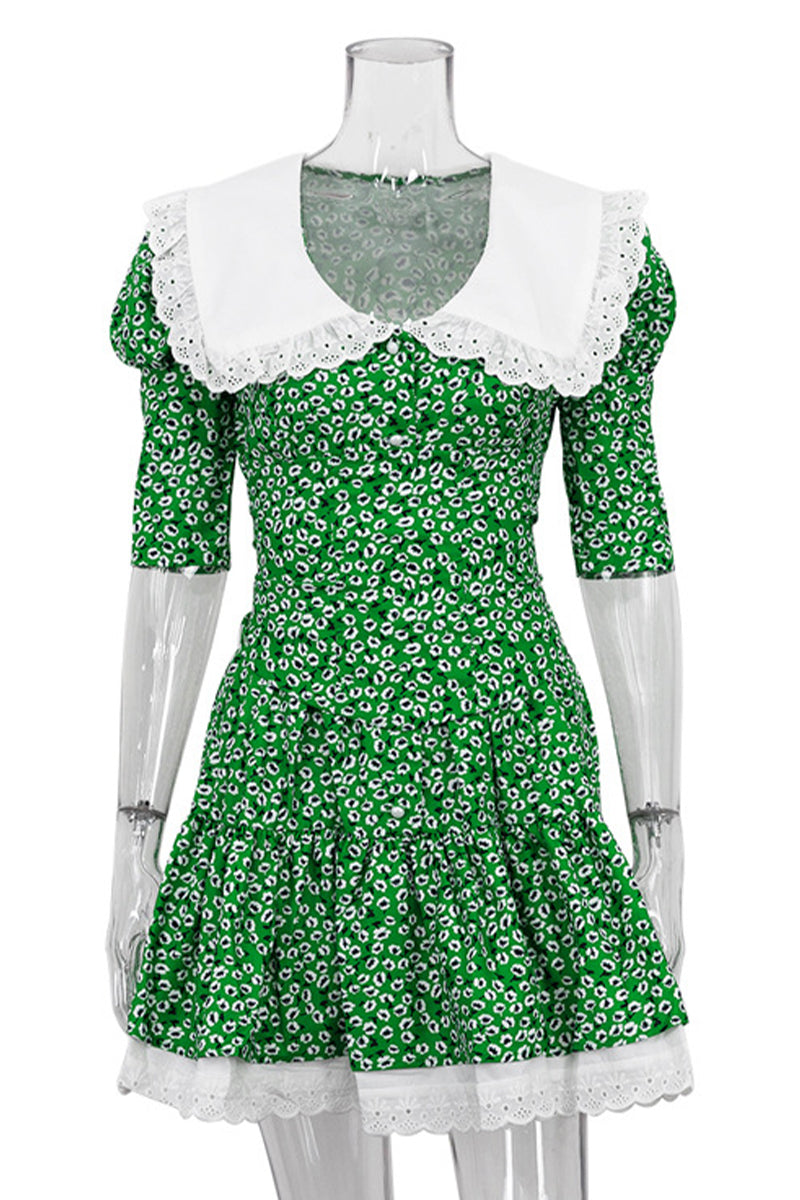 Elegant Print Flowers Frenulum Peter Pan Collar Princess Dresses