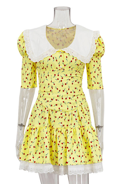 Elegant Print Flowers Frenulum Peter Pan Collar Princess Dresses