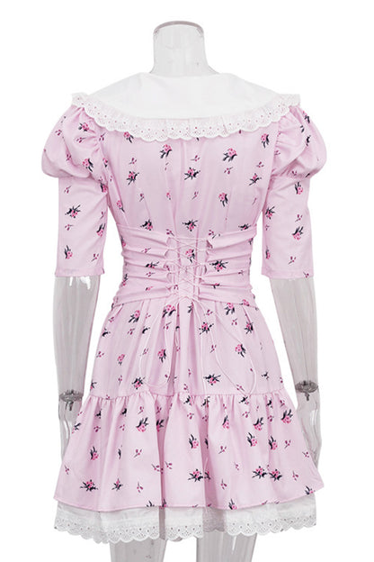 Elegant Print Flowers Frenulum Peter Pan Collar Princess Dresses