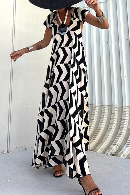 Casual Vintage Geometric Print Ripple Backless Asymmetrical V Neck Printed Dresses