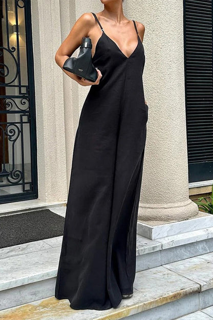 Sexy Simplicity Solid Pocket V Neck Loose Jumpsuits