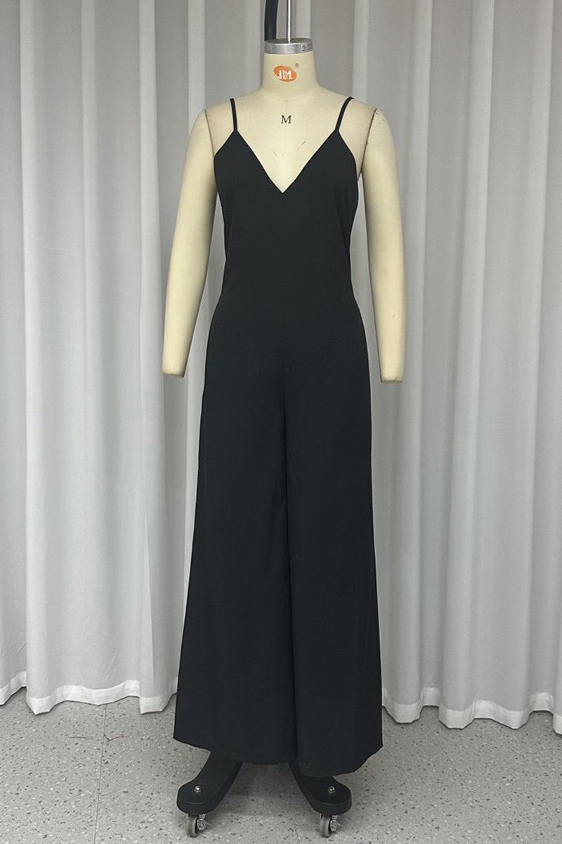 Sexy Simplicity Solid Pocket V Neck Loose Jumpsuits