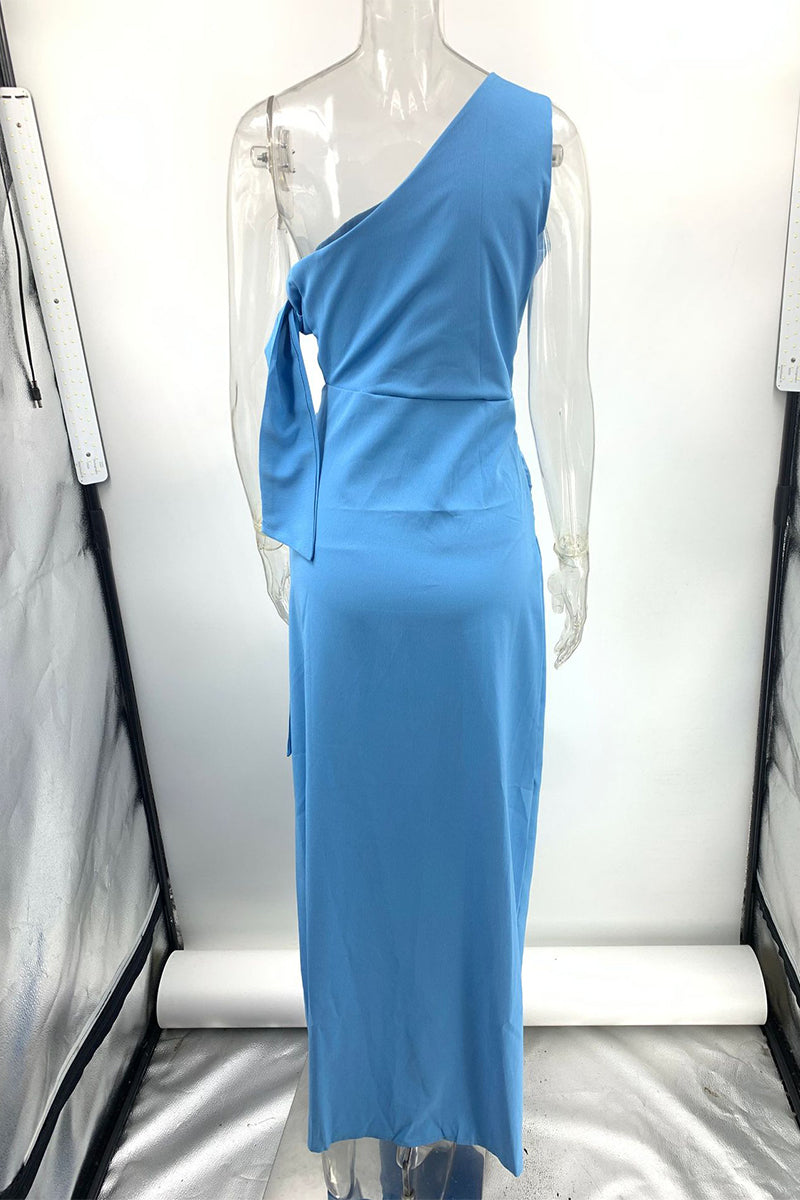 Sexy Solid Hollowed Out Slit Oblique Collar Irregular Dresses