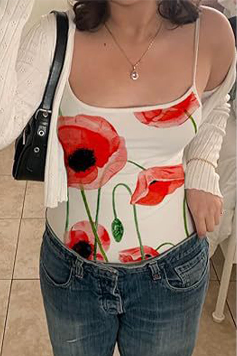 Sexy Floral Contrast U Neck Tops(5 Colors)