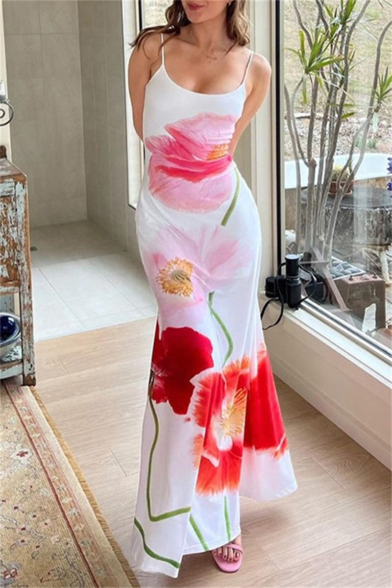 Sexy Casual Print Backless Spaghetti Strap Long Dresses