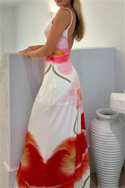 Sexy Casual Print Backless Spaghetti Strap Long Dresses