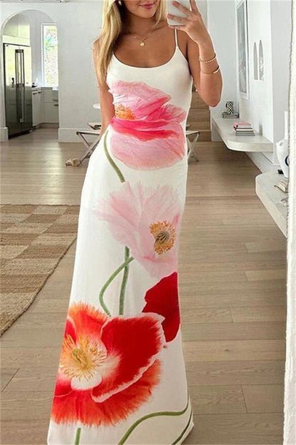 Sexy Casual Print Backless Spaghetti Strap Long Dresses