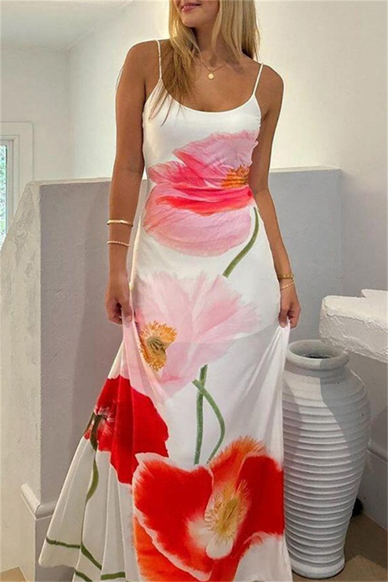 Sexy Casual Print Backless Spaghetti Strap Long Dresses