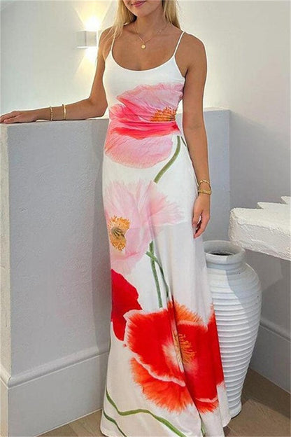 Sexy Casual Print Backless Spaghetti Strap Long Dresses