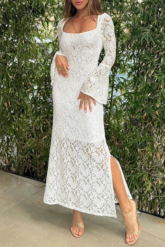 Sexy Solid Lace Slit O Neck One Step Skirt Dresses