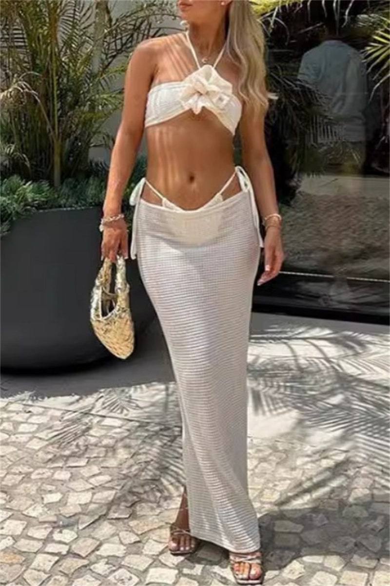 Sexy Solid Bandage Backless Slit Halter Sleeveless Three Piece Set