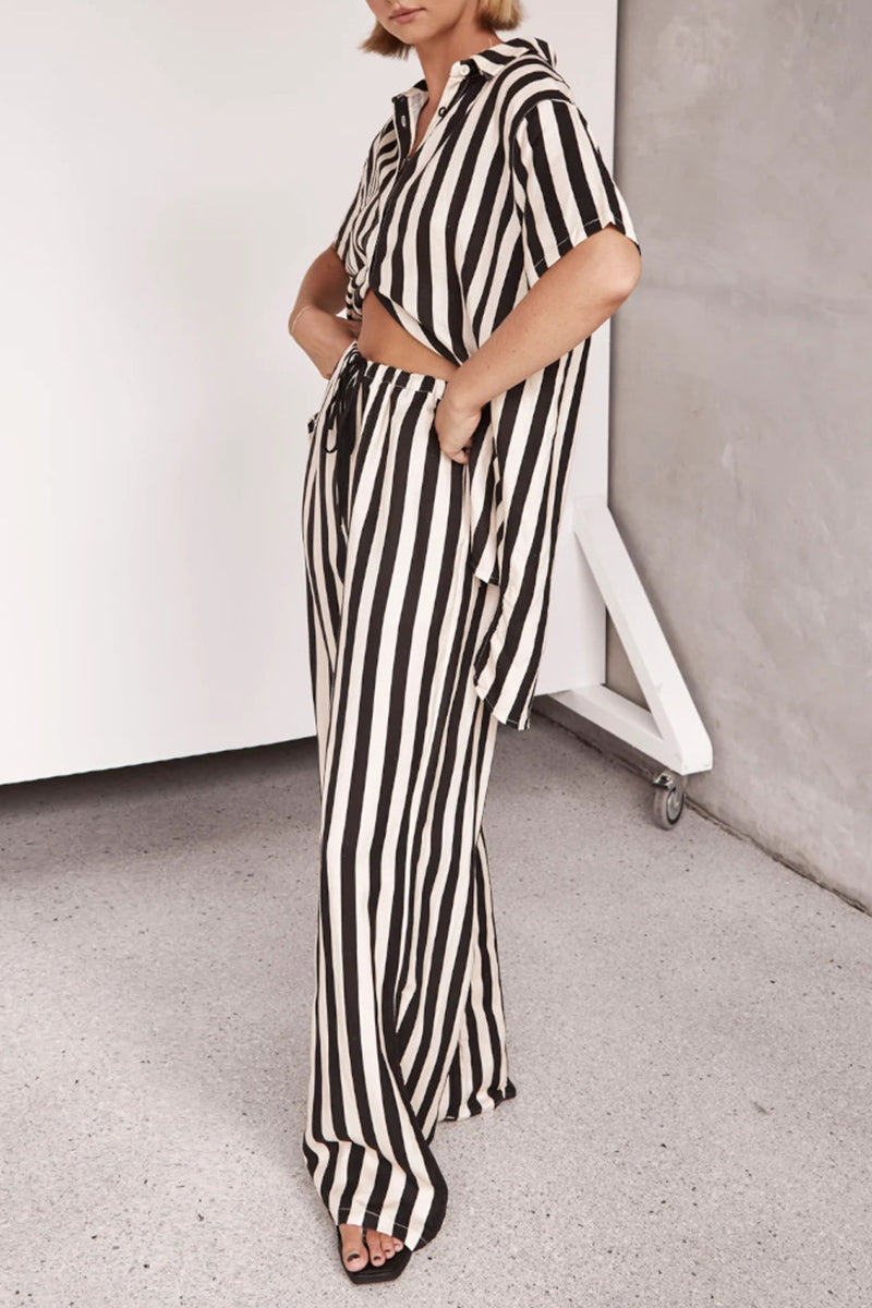 Casual Daily Striped Print Contrast Turndown Collar Short Sleeve Two Pieces