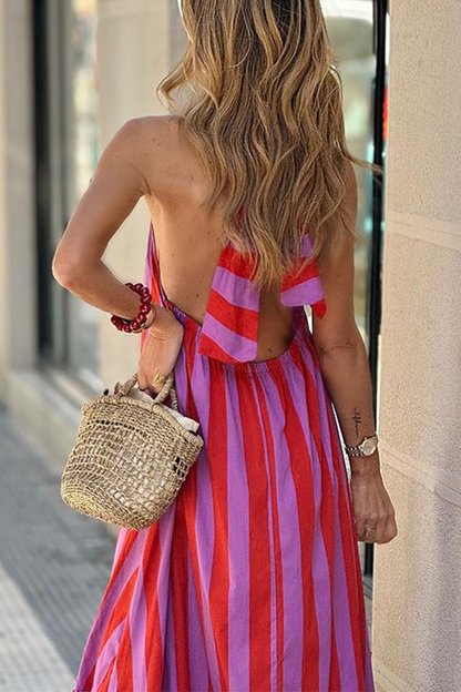 Casual Street Striped Print Lace Up Backless Contrast Halter Sleeveless Dresses