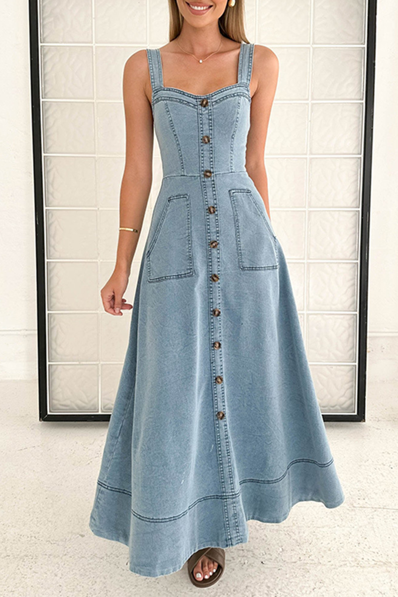 Sexy Street Solid Color Pocket Buttons Zipper V Neck Sleeveless Denim Dresses